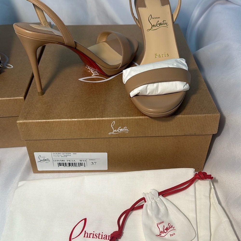Christian Louboutin Tan Sandals with Stiletto Heel and Ankle Strap